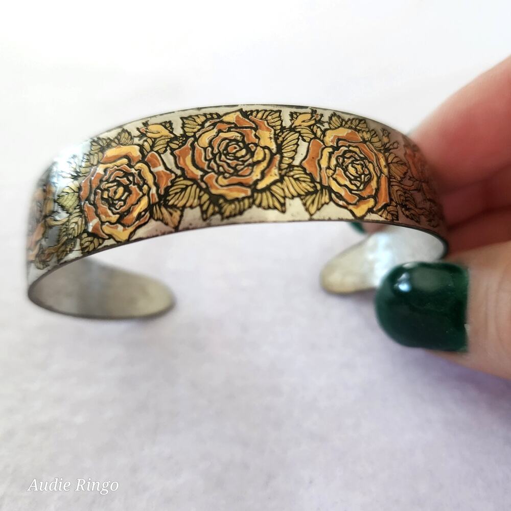Reed & Barton Damascene Rose Cuff Bracelet Gold Tone Floral Vintage - Picture 7 of 9